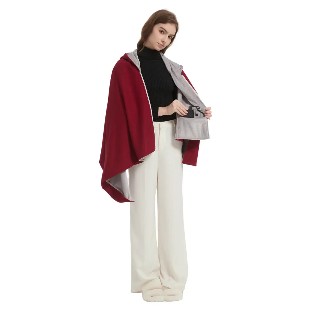 Winter Solid Zipper USB Heated Electric Hoodie Shawl