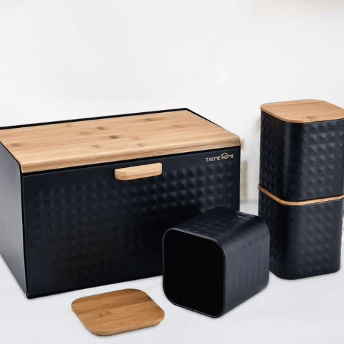 Elegant Wooden Bread Box with Matching Canisters